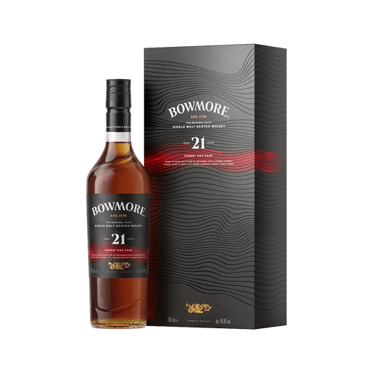 Oplev Bowmore 21 Years lagret på sherryfade Flaske og Boks