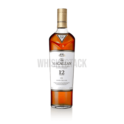 Macallan 12 Years Old Sherry Oak Whiskyflaske – Nærbillede af Macallan 12 Years Old Sherry Oak, der viser den elegante flaske og den rige ravfarve fra sherryfadslagringen.