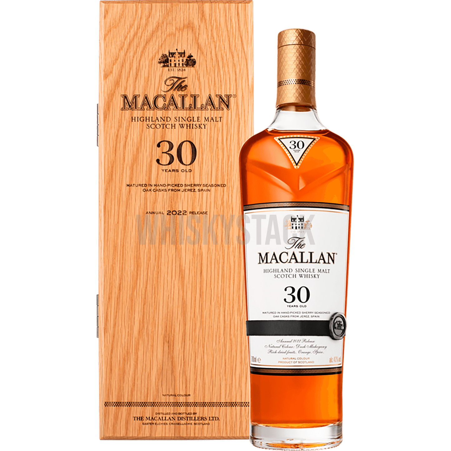 The Macallan Sherry Oak 30 Years Old præsenteret med sin karakteristiske dybe mahognifarve og elegant etiket, symboliserende dens rige og komplekse smagsprofil modnet i sherryfade.