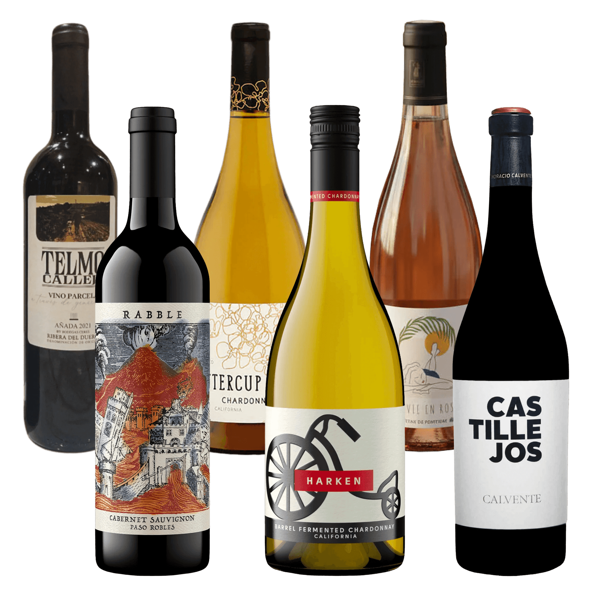 Smagspakke med La Vie en Rosé, Rabble Cabernet, Buttercup Chardonnay, Telmo Calleja, Harken & Castillejos på Whiskystack